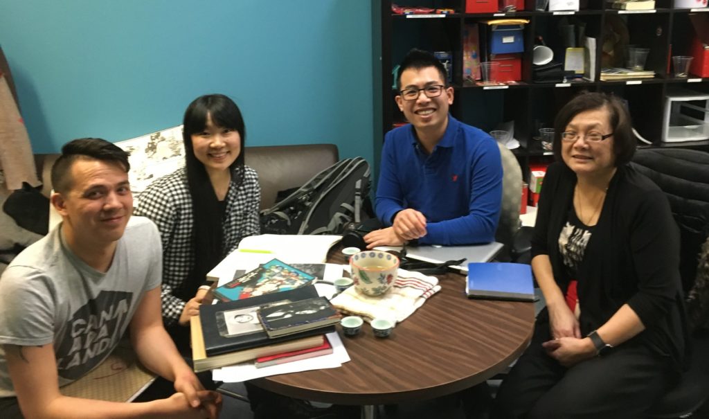 Chris Chang-Yen Phillips, Jinzhe Cui, Shawn Tse, and Lan Chan-Marples in CJSR's news room.