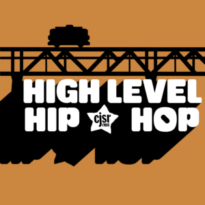 a silhouette of a streetcar crossing the high level bridge, with the text high level hip hop
