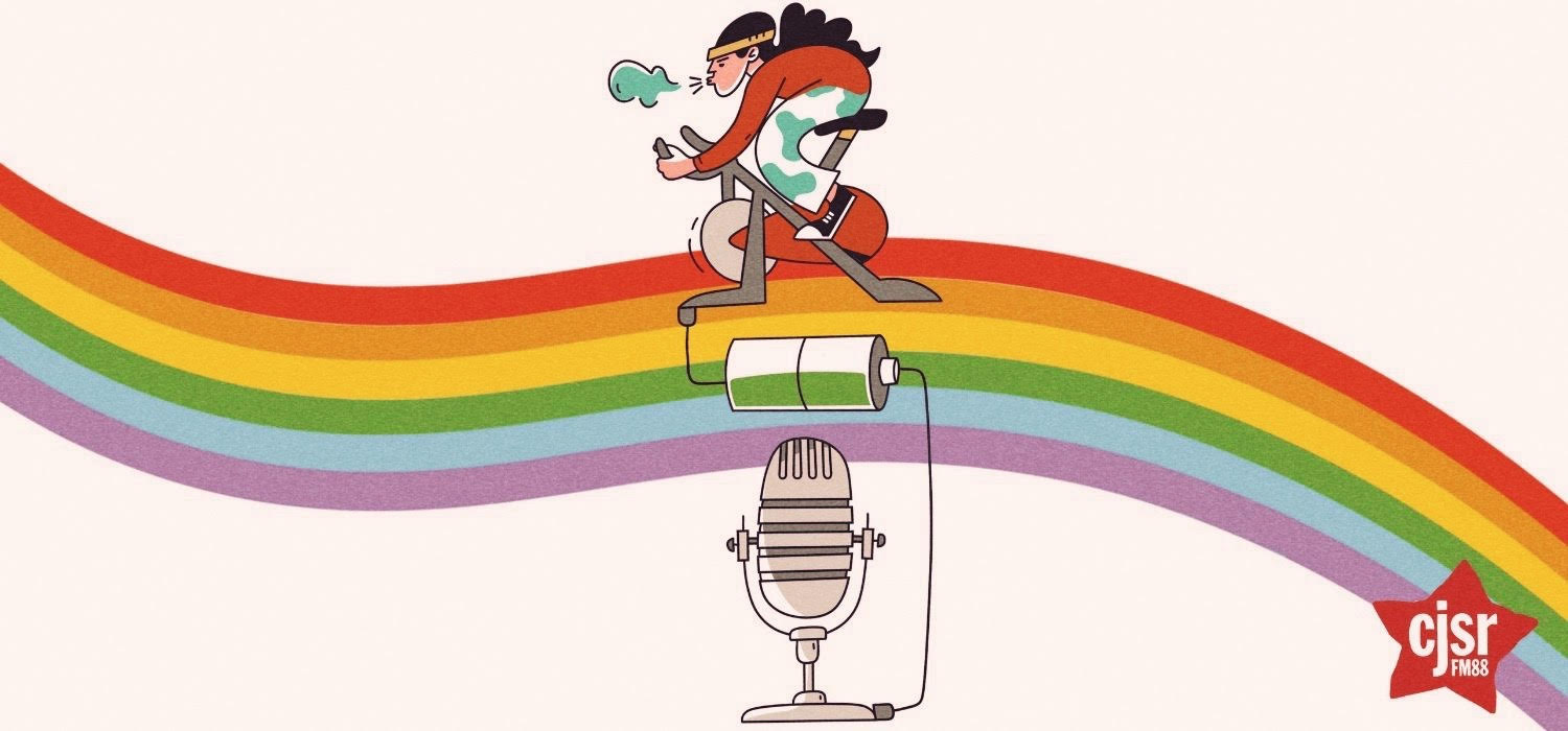 An illustration of someone chugging away on on a stationary bike, charging a battery, with a rainbow flowing behind them